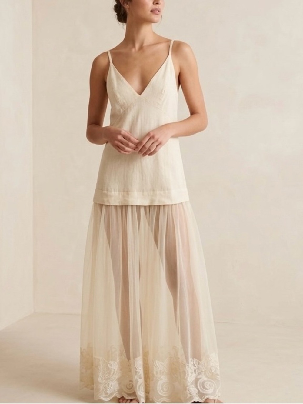 Anthropologie Cream V-Neck Sheer Lace-Hem Maxi Slip Dress with minor callouts